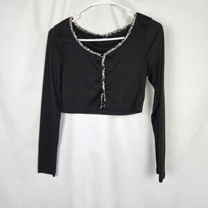 Shein Women's Long Sleeve Cropped Top Leopard print Lined Button Down Black Sz M